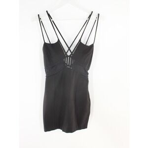 Free People Mini Dress Multi-Strap Crochet Mesh Detail Small Black